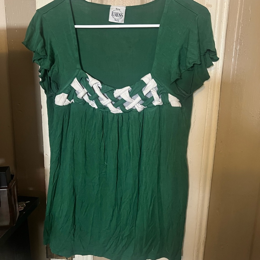 Tailor B. Moss Green Blouse with White and Grey Detailing